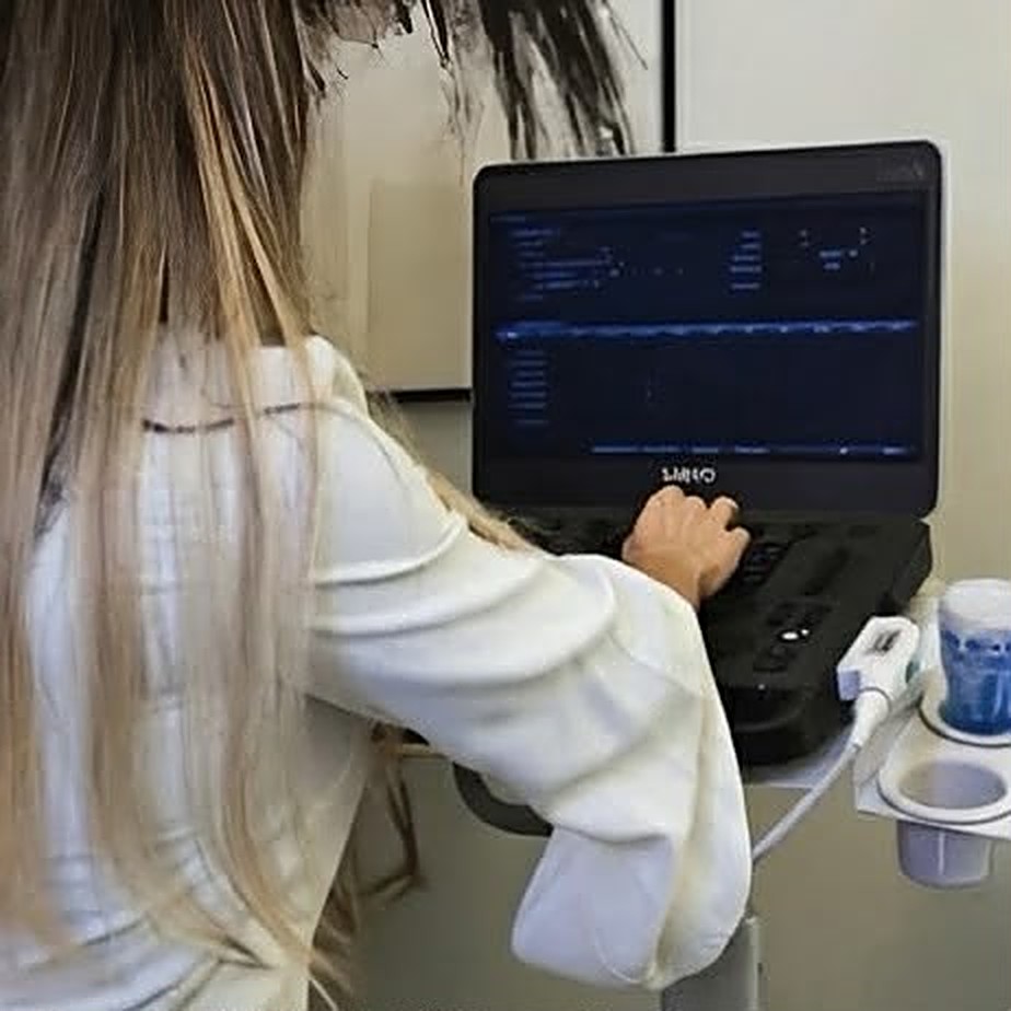 Dra. Margareth Linhares fazendo ultrassom durante a consulta